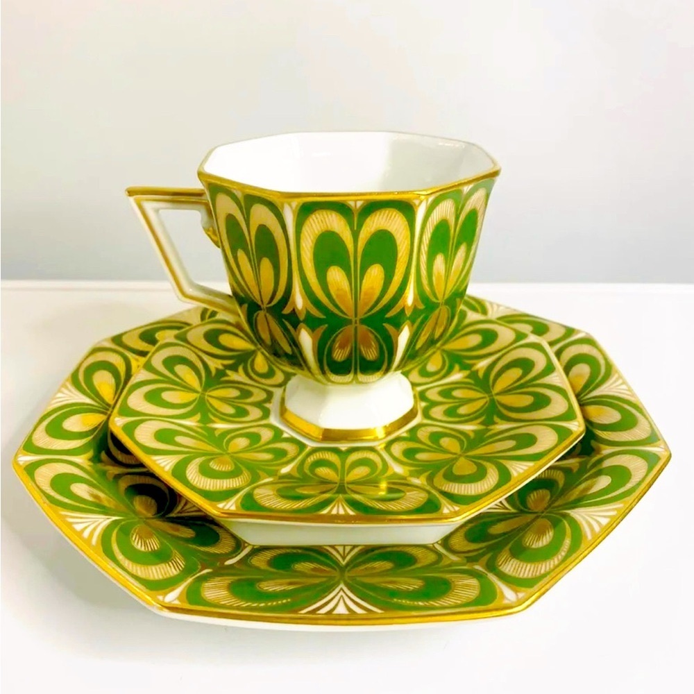Vintage AK Kaiser West Germany Green Tea Cup & Saucer, Dessert Plate - 3 pc set